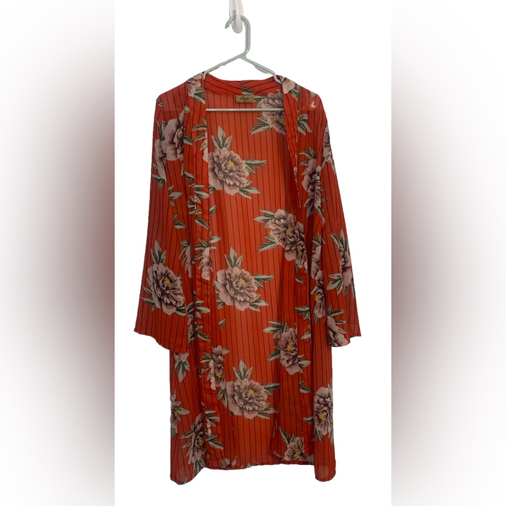 Jorja Duster Women's Size Medium Red Floral Striped Open Front Caftan Kimono